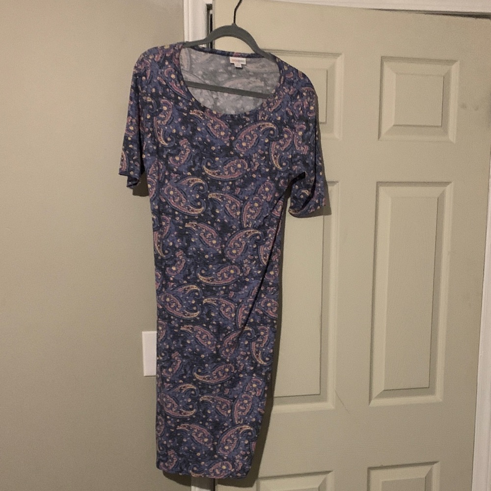 LuLaRoe Julia Paisley Midi Dress in Blue and Pink